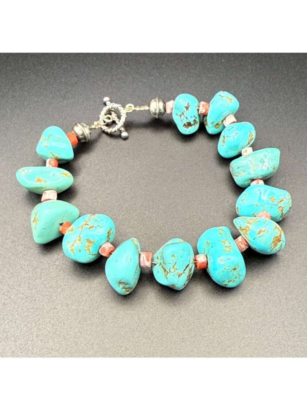 Chunky Turquoise and Coral Beaded Bracelet with Silver Toggle Clasp